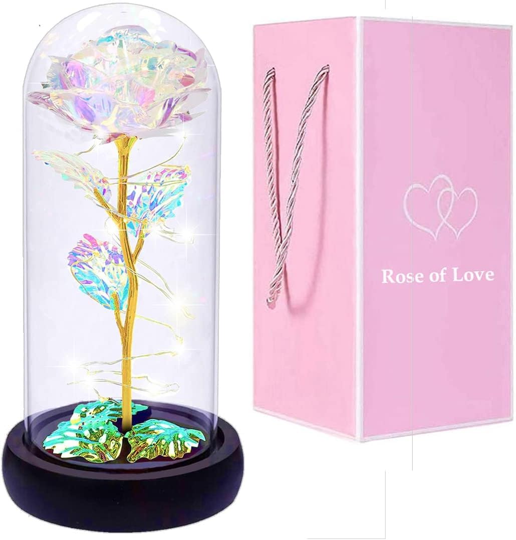Flower Gift,Beauty and The Beast Rose in Glass, Colorful Glass Rose is for Girlfriend,Christmas, Anniversary,Valentine's Day (white)