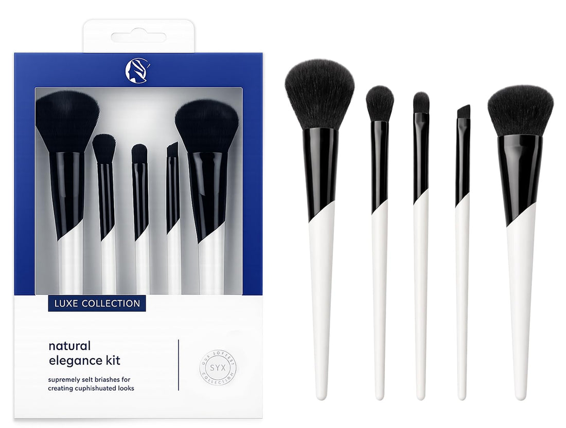 Makeup Brush Set - 5 Pieces Professional Cosmetic Brush Kit, Soft Synthetic Bristles, Face & Eye Makeup Brushes, Natural Elegance Kit, For Powder, Blush, Eyeshadow & Blending (Blue)