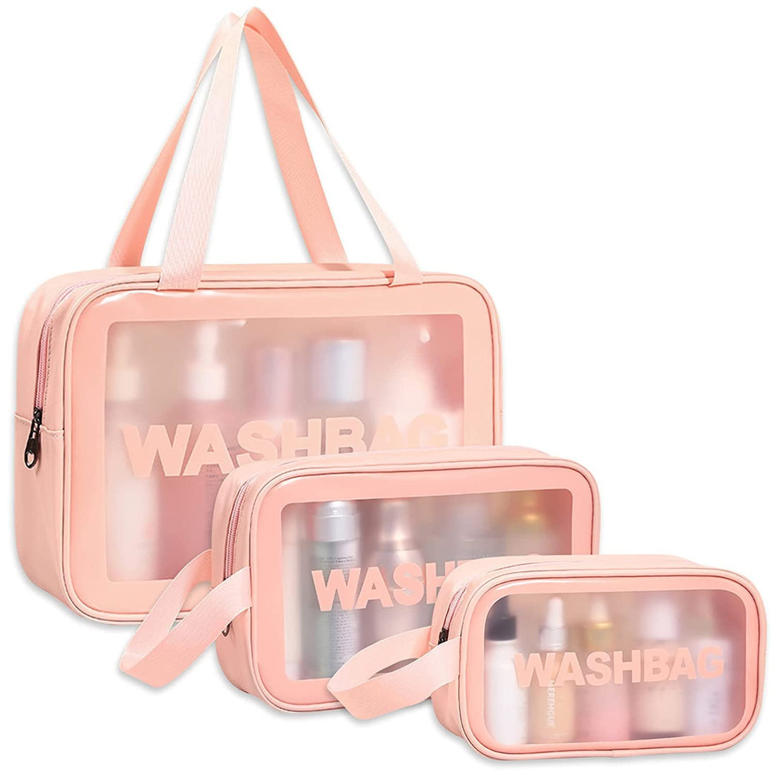 ULTRINA Multi-functional Makeup Pouch for Women | Waterproof PVC Cosmetic Bags for Girls | Toiletry Storage Wash Bag | Travel Organizer for Bath Accessories & Grooming Kit, Set of 3 Pouches. (PINK)