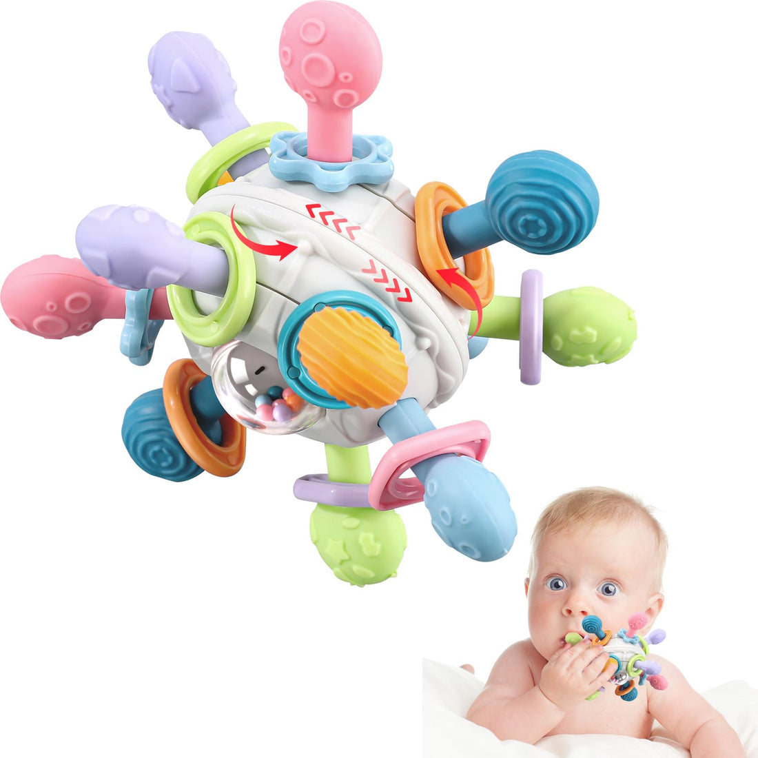 Grabbing Ball Baby Toy,Sensory Teething Teether Toys,Silicone Teething Ring, Motor Skills, Montessori Early Educational, Rattle, Baby Toy for Babies 3-18 Months
