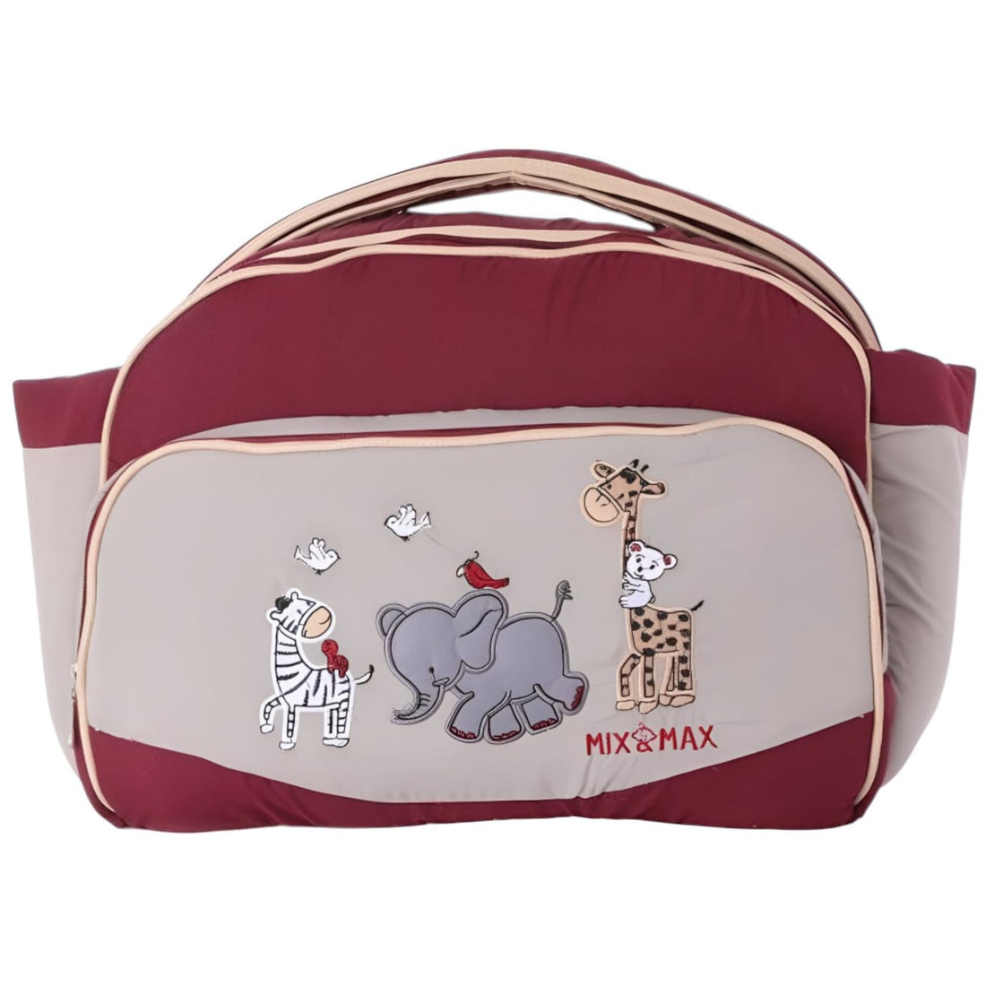 Mix&Max Baby Diaper Shoulder Bag Embroidered Animals For Unisex-Dark Red&Grey