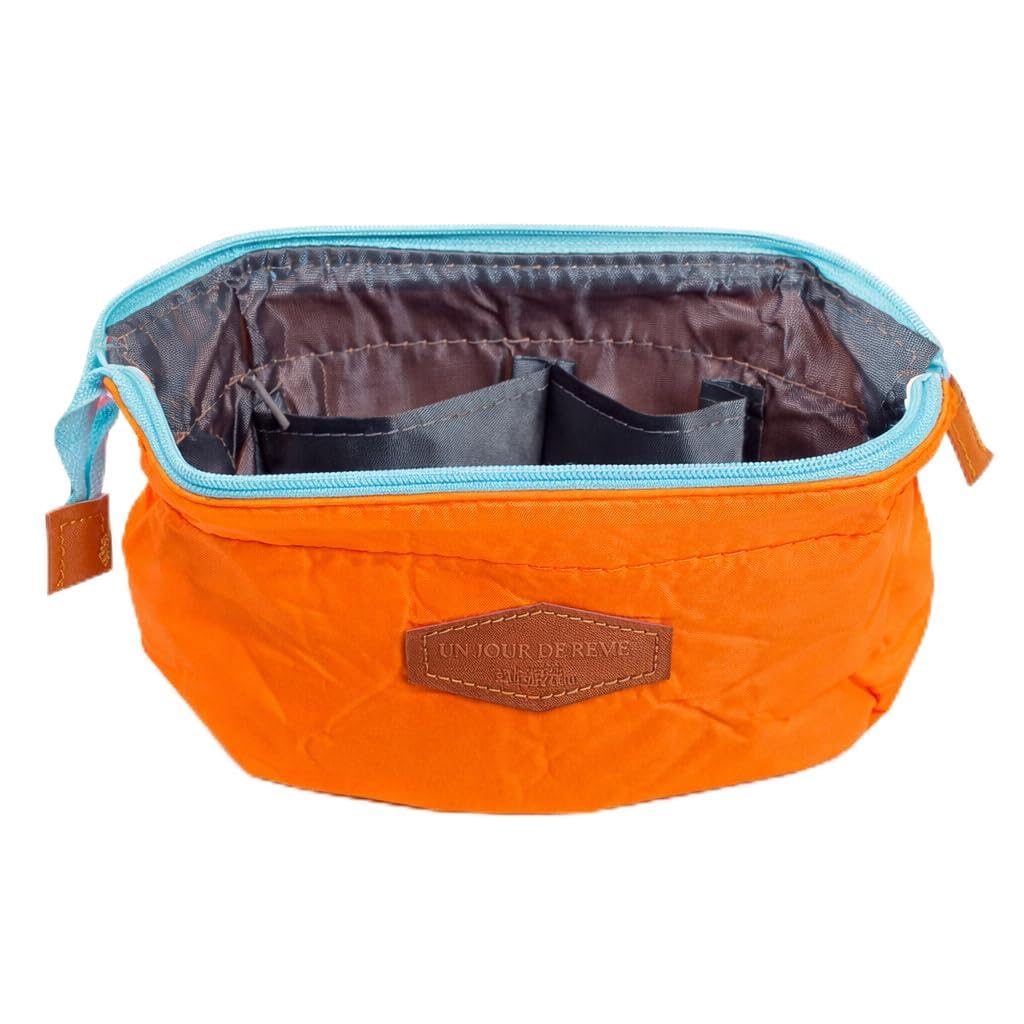Beauty Cosmetic Bag Makeup Organizer Compact Storage Design Travel Toiletry Pouch With Zipper Mini Handbag Clutch Style Purse Durable Fabric Daily Essentials Case (Orange)