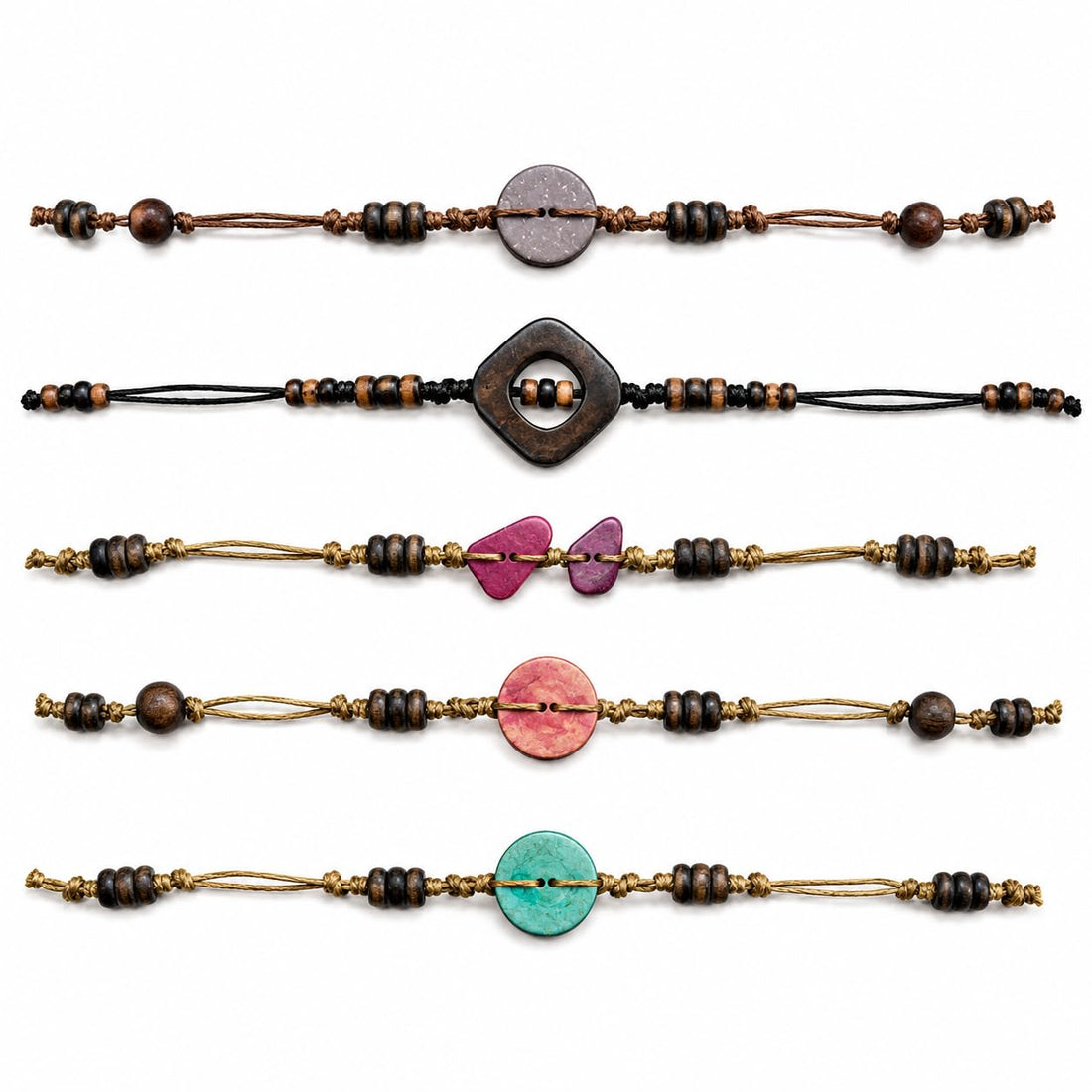 COCO TRIBE Handmade Adjustable Bracelet for Women & Teens – Natural Coconut Wood and Cord Bracelet – Beach Summer Boho Accessory – Random Unique Style