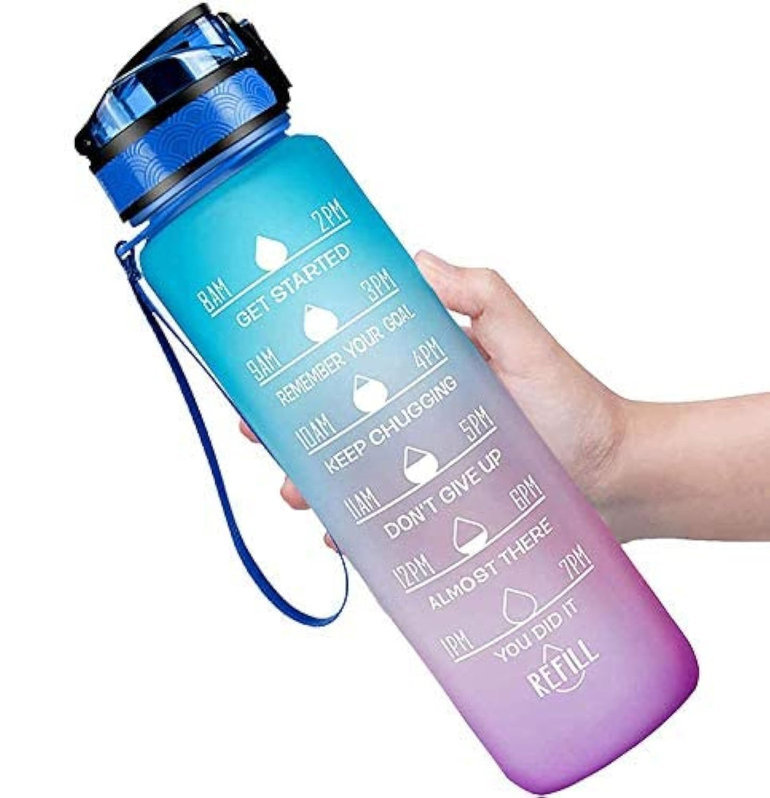 QPlus 32oz Water Bottle with Time Marker & Removable Strainer, BPA Free Motivational Water Bottles, Leak Proof Large Bottle for Fitness, Gym and Outdoor Sports (Blue)