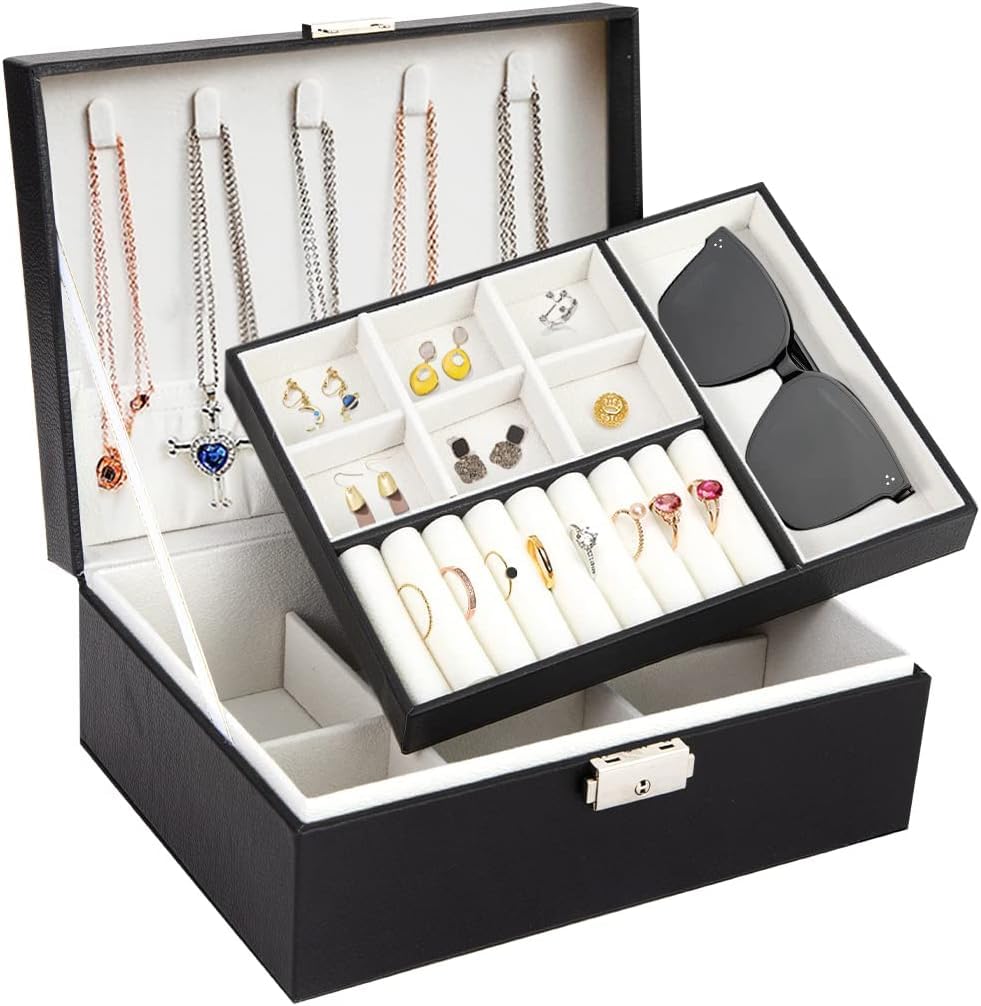 Leather Jewelry Organizer Box with Travel Lock 2 Layers Removable Storage Box for Necklace Rings Earrings Bracelets Black Leather