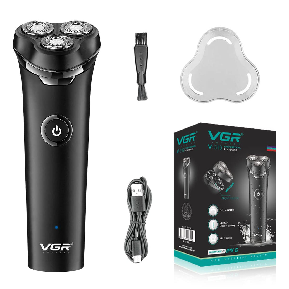 VGR V-319 Premium Cordless Rechargeable IPX6 Fully Waterproof 3 Head Electric Shaver Wet & Dry Rotary Shavers for Men with Magnetic Suction Super-Fast Charge 90 minutes Runtime with LED Indicator