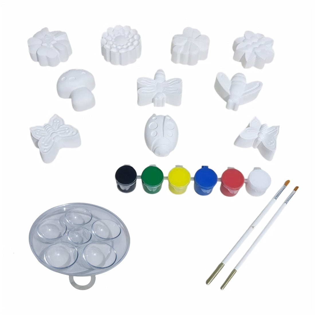 Gypsum Painting Kit |(20-Piece) Includes 11-Butterfly & Flowers shapes, 6-Acrylic Paints, 2-Brushes and 1-Mixing Palette | Fun Screen-Free DIY Craft Activity for Creative Kids.
