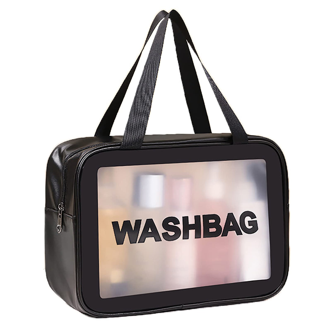 Clear Travel Cosmetic Organizer Case for Women and Men with Practical Handle and Interior Compartments for Toiletries and Accessories - Premium Quality Plastic - Matte Black