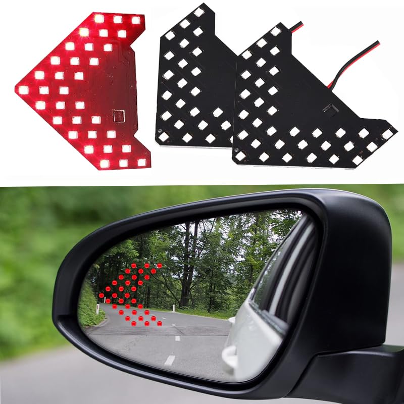 LED Arrow Behind Left/Right Rearview Mirror Glass, Virtually Invisible When Not in Use, Brightly Lights Up When You Turn On Signals (Red Light, 2 Count, 3 Row) - KaberTrade