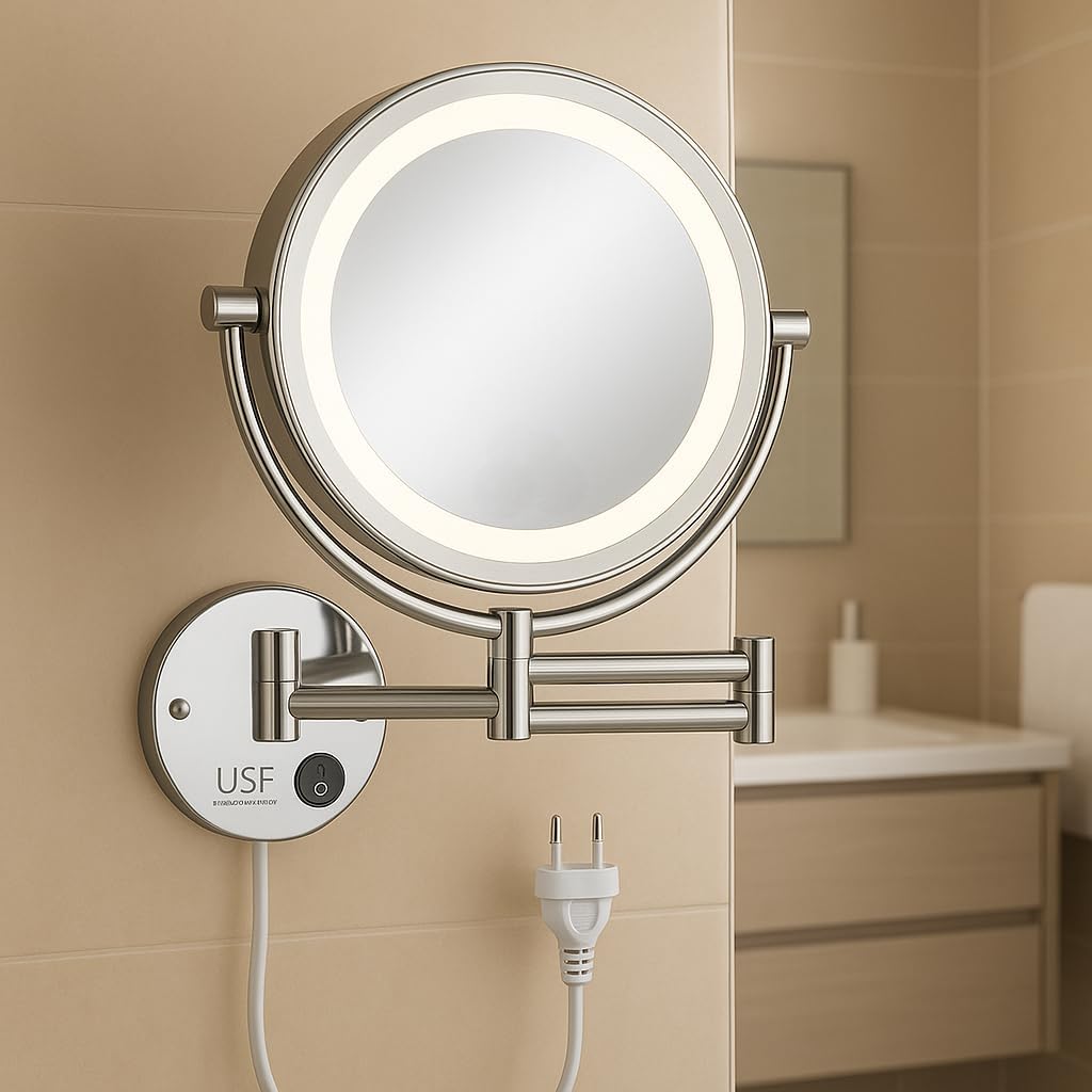 U-S-F BATH ACCESSORIES LED Makeup Mirror for Bathroom, Shaving Mirror for Bathroom with Light, Magnifying Mirror for Bathroom LED, 10X Magnifying Dual Side Foldable Mirror (8 Inch, Chrome) Pack of 1