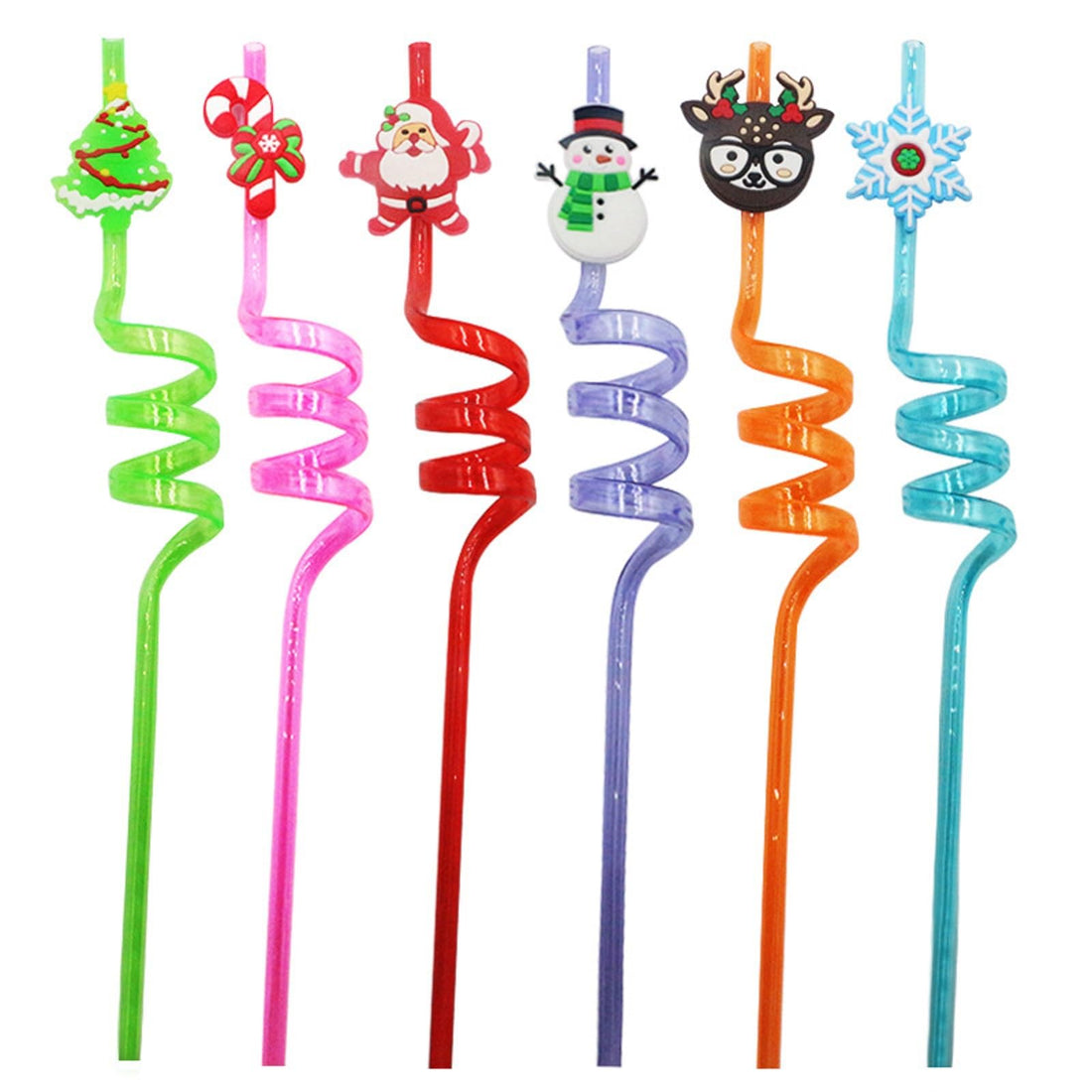 Colourful Christmas Drinking Straws, Reusable Straws, Curly, Plastic Children's Straw, 6 Pieces Plastic Straw with Christmas Motifs for Birthday Party Decoration Christmas Party Accessories