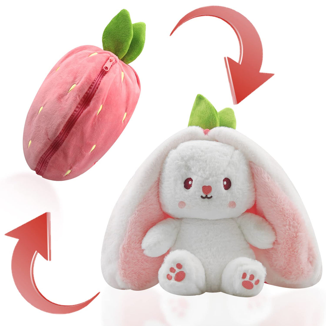 Reversible Bunny Stuffed Animal - Carrot Strawberry Plush Doll with Zipper - Soft and Adorable Rabbit Toy Pillow for Kids and Adults Easter Gift and Decoration