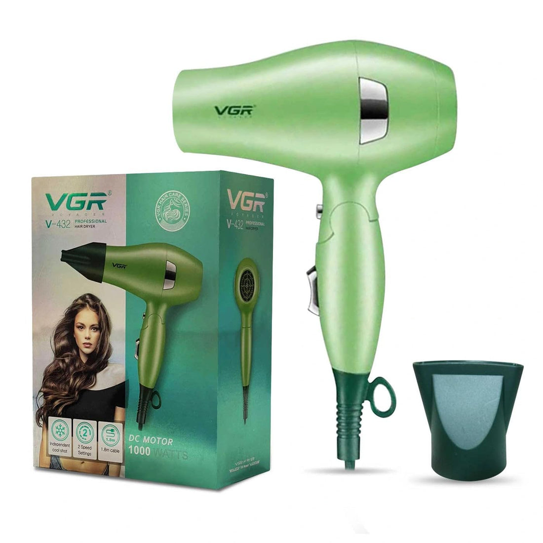 VGR V-432 Professional Hair Dryer, 1000W DC Motor, Foldable, 2 Speed Settings, Cool Shot Button, Overheating Protection, 1.8M Cable (Green)