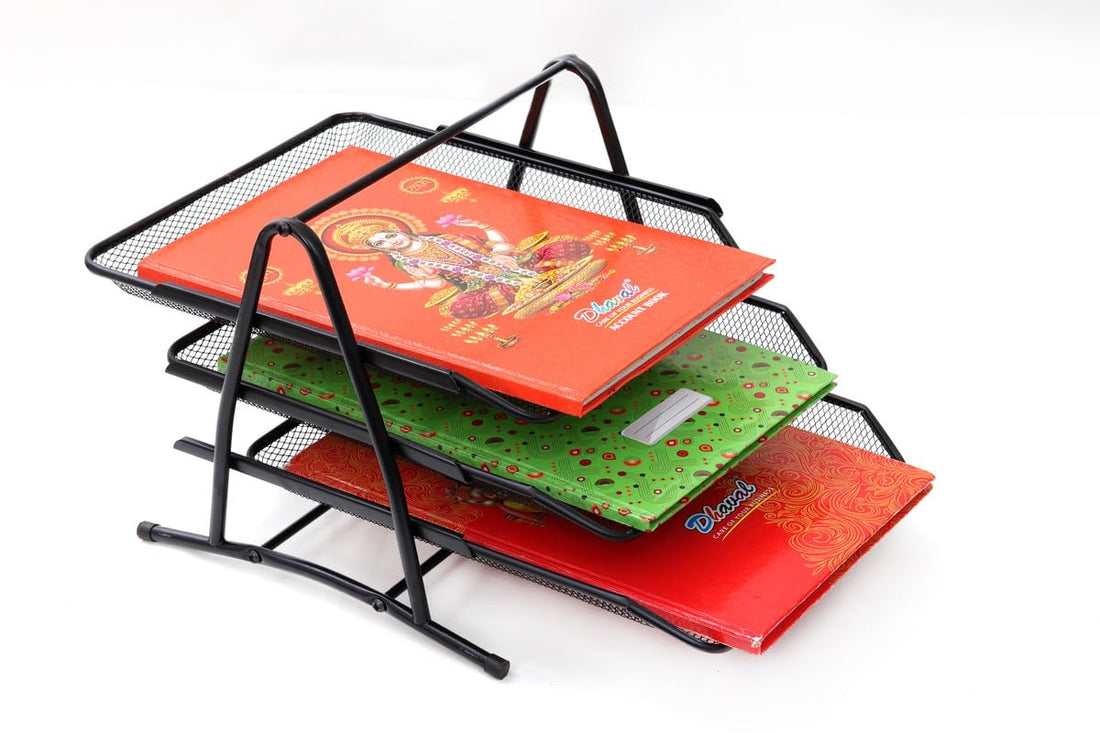 3-Tier Metal Document Tray Organizer desk organizer desktop table organizer for Office – A4 Paper, Files, Letters & Folders Holder with Sliding Shelf (pack of 1,Black)