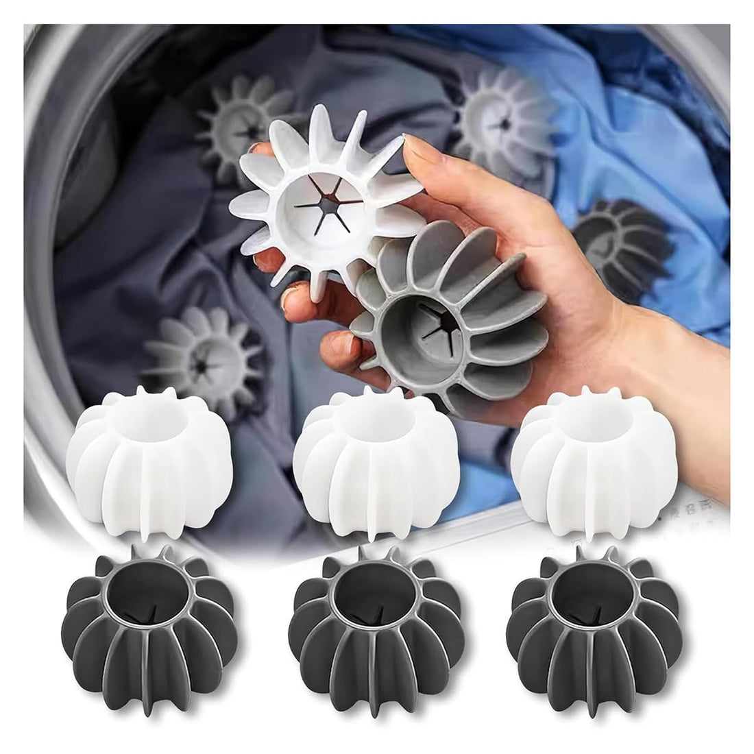 ALMEKAQUZ 6Pcs Reusable Laundry Balls, Silicone Laundry Balls, Wash Guard Balls, Decontamination and Anti-Entanglement Laundry Balls for Laundry Clothes Fabrics Reduce Wrinkles (White, Grey)