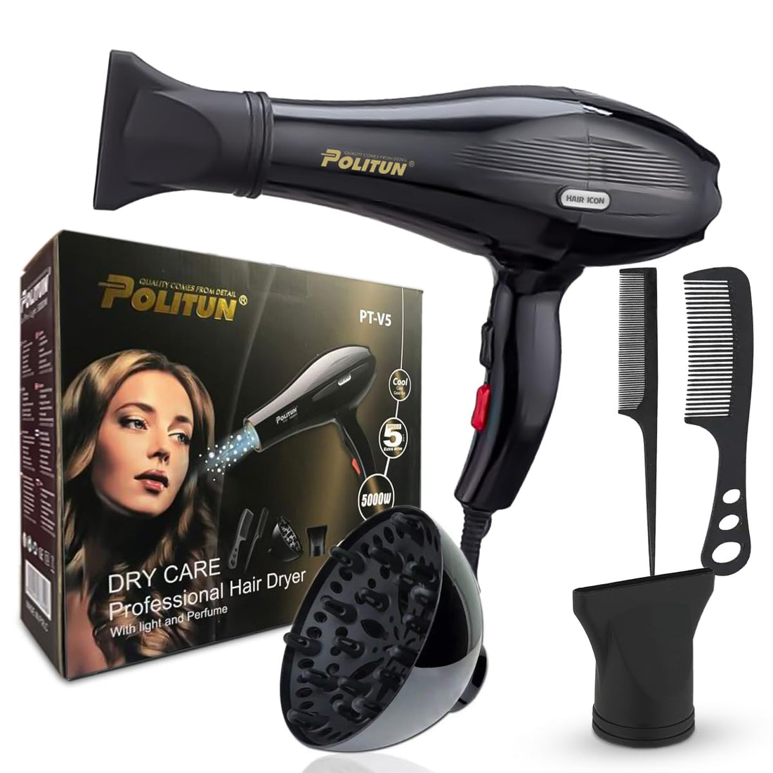 POLITUN Hair Dryer Professional - 5000 Watts, Fast Drying, Salon Smooth, Powerful Motor, 3 Temperature Settings, 2 Speeds, Detachable Air Concentrator, with 3 attachment, PT-V5