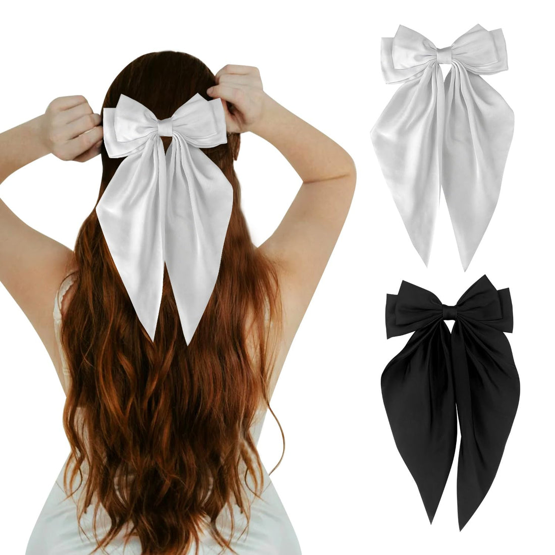 Bows Hair Clips for Women Cute Soft Silkly Satin Hair Ribbon Bow Barrettes Clips Hair Accessories 2Pcs Black White-L