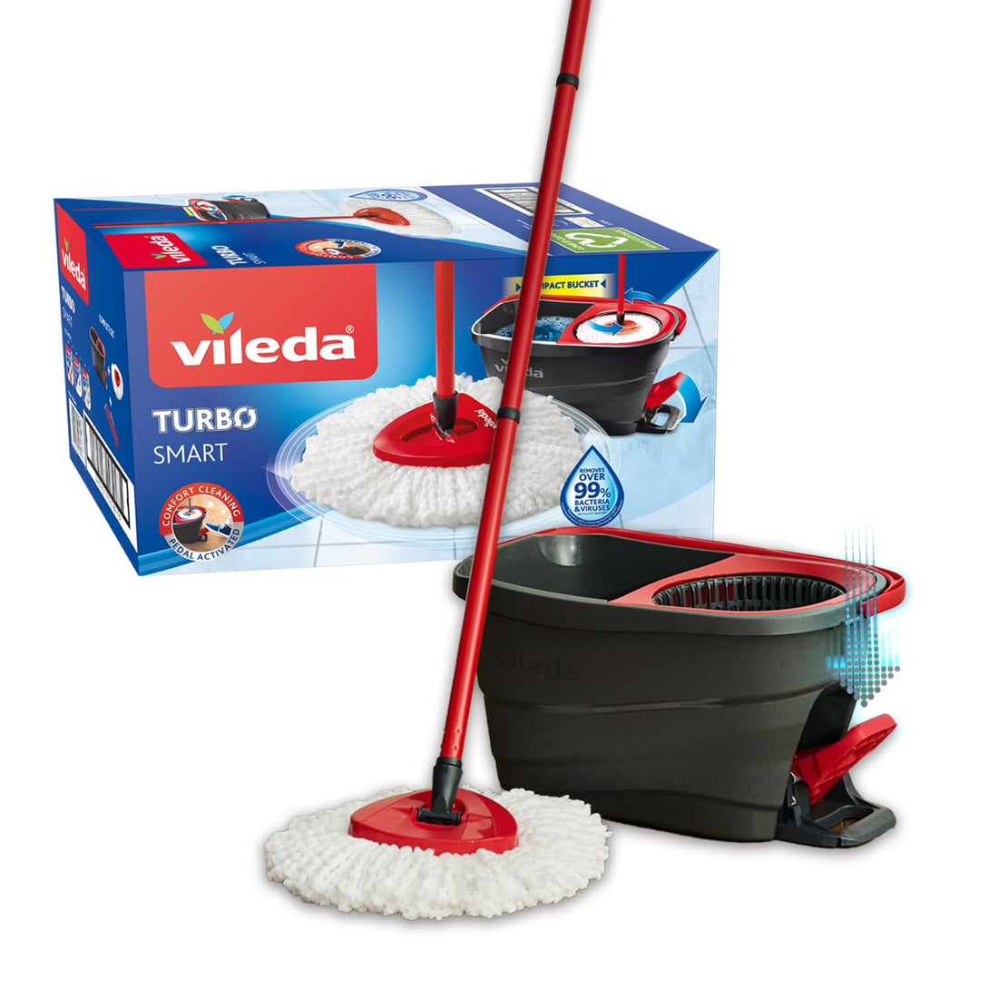 Vileda Turbo Smart spin mop & bucket set with foot pedal | 3-Piece Handle 120 cm |Floor mop with spinning wringer | Refill 100% Microfibre mop head