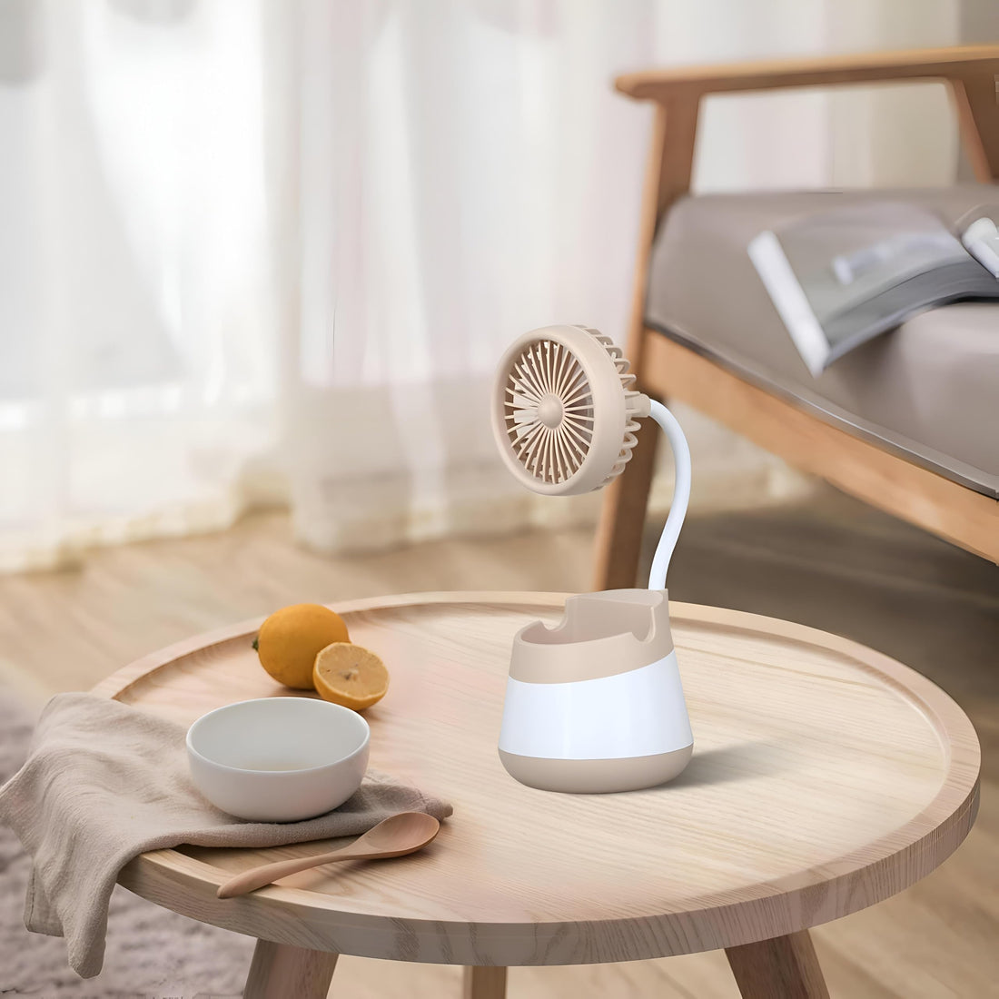 Desktop Cooler - Stylish and versatile fan with high cooling capacity and compact design that is easy to carry. It works as a mobile phone holder, remote holder, and pen organizer all in one. Perfect