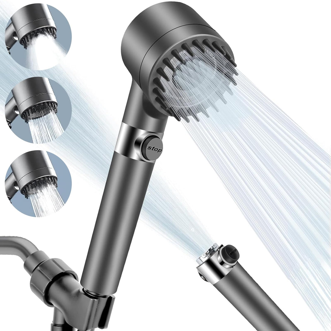 Necomi High Pressure Shower Head, Filtered Shower Head, 3-Settings Handheld Showerhead with On Off Switch, Multifunctional Massage Shower with Hose and Bracket (Grey)