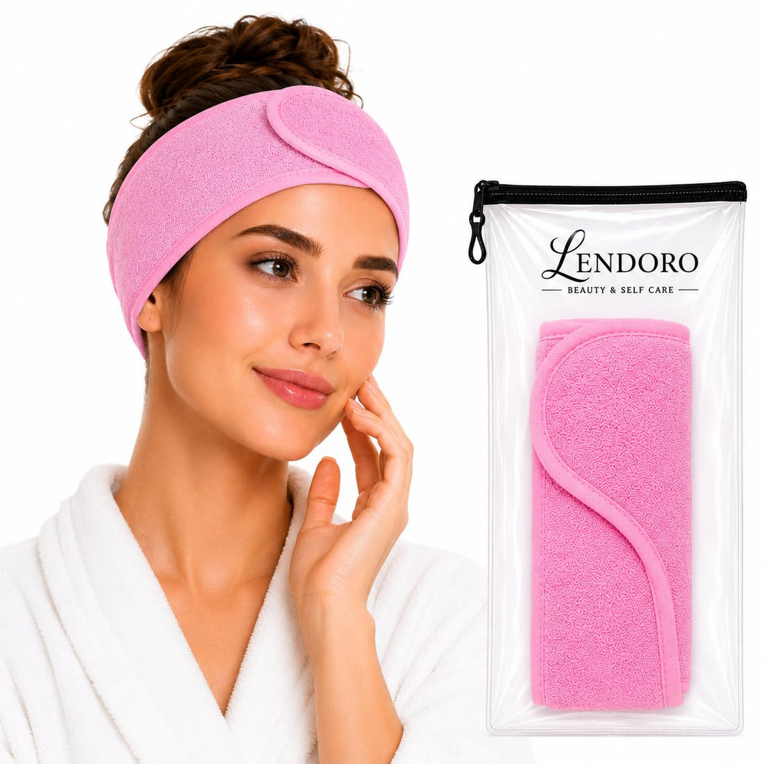 LENDORO Head Band for Women, Adjustable Spa Facial Headband, Terry Cloth Hair Wrap (Pink)