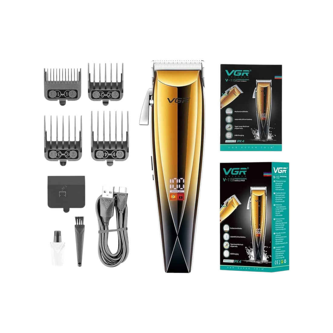 VGR Professional Hair Clipper, Digital Display, 2000mAh Battery, IPX4 Waterproof, 4 Guide Combs, LED Display, USB Charging