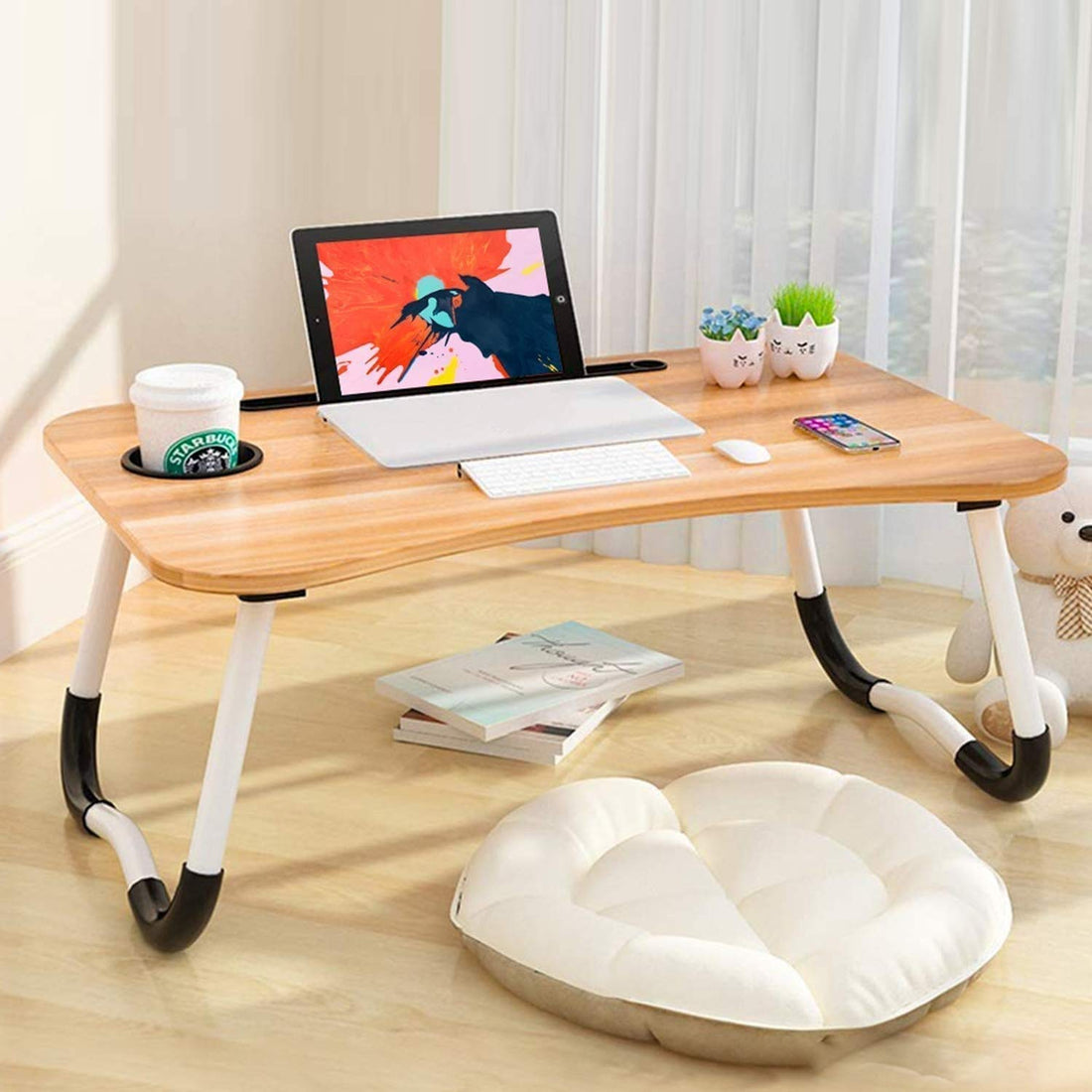 Widousy Laptop Desk, Foldable Bed Tray, Small Dormitory Table, Breakfast Serving Tray, Dorm Desk, Notebook Stand With Tablet Slots and Cup Holder (Light Brown)