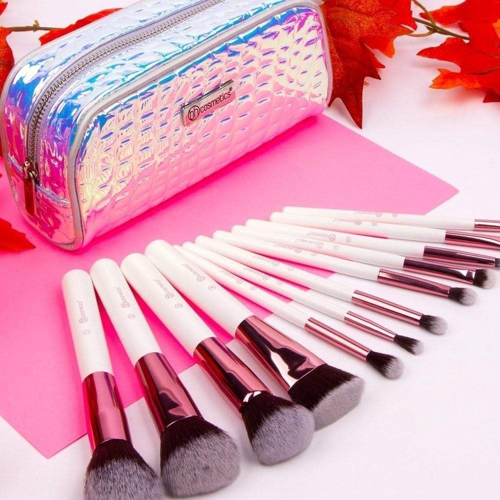 Cosmetics Crystal Quartz Professional Makeup Brush Set, 12 Piece Collection with Holographic Bag, White Rose Gold Handles, Premium Synthetic Bristles