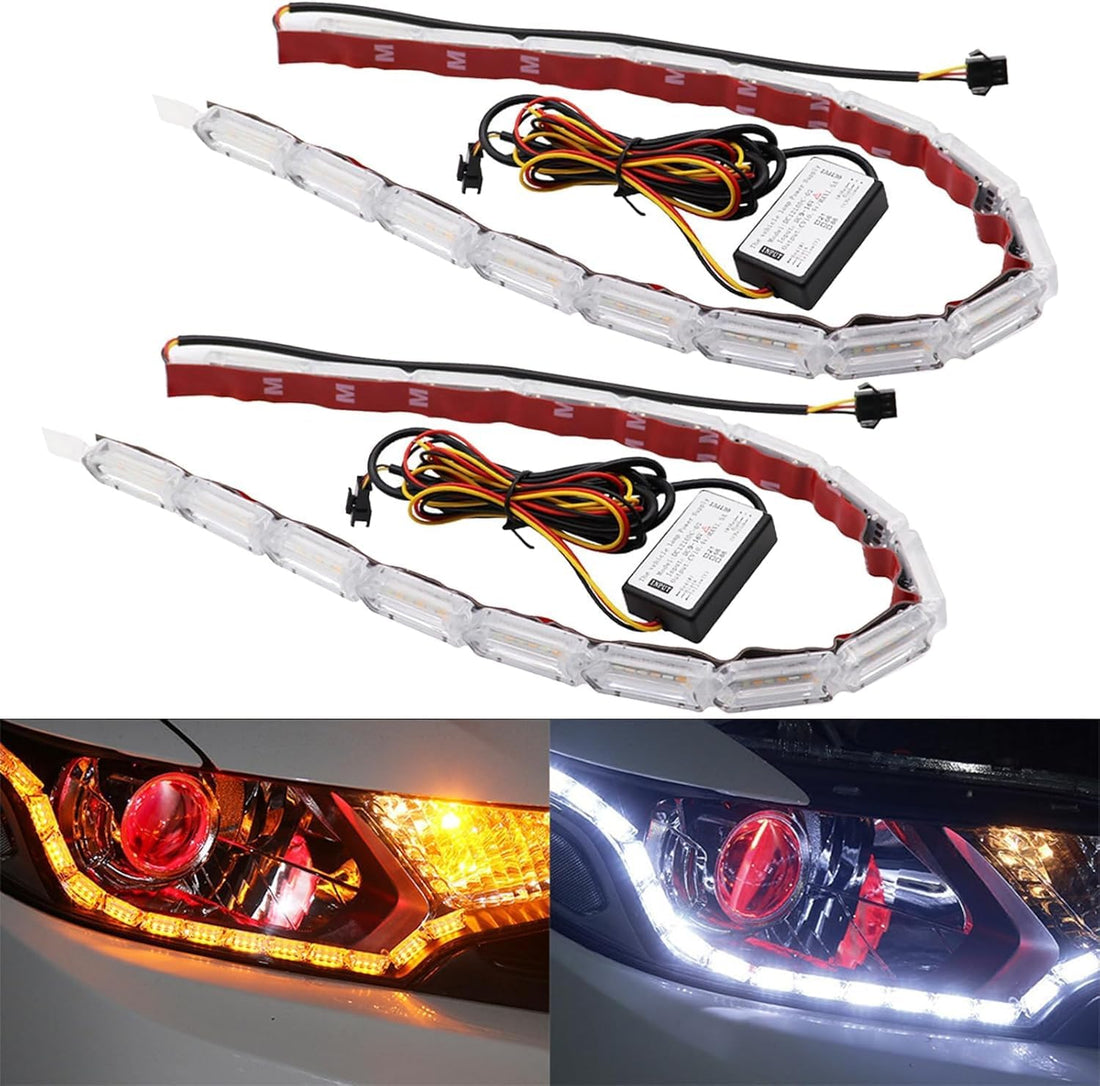 2Pcs fIexible Car Led Light Strip, Car Hood Light Strip, Dual Color 17Inch Headlight DRL LED Strip, Headlight LED Strip Turn Signal Lights Strip (White and Amber)