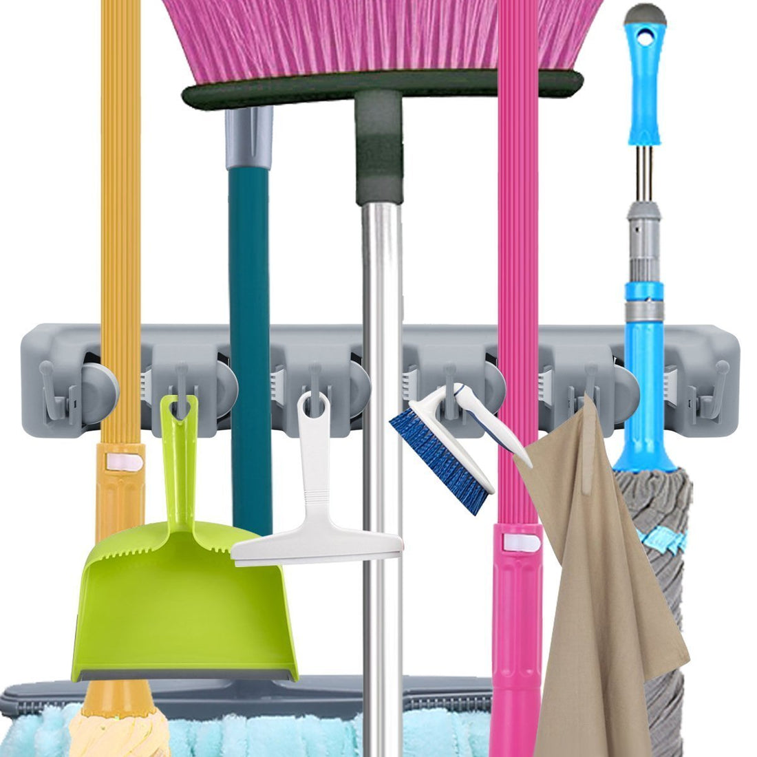 Mop Broom Holder, Garden Tools Wall Mounted Commercial Organizer Saving Space Storage Rack For Kitchen Garden And Garage,Laundry Offices5 Position With 6 Hooks, Black, 2X-L1Mk-Ri58, Lc-Hkholder-02