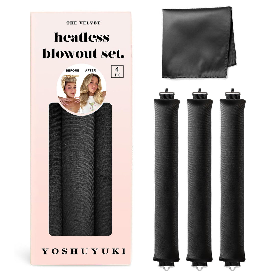 Heatless Hair Curler to Sleep in - Overnight Heatless Curls Blowout Rods Headband No Heat Curling Set, Jumbo Rods Hair Rollers Blowout Look for Long Hair Silk Hair Wrap for Sleeping Black