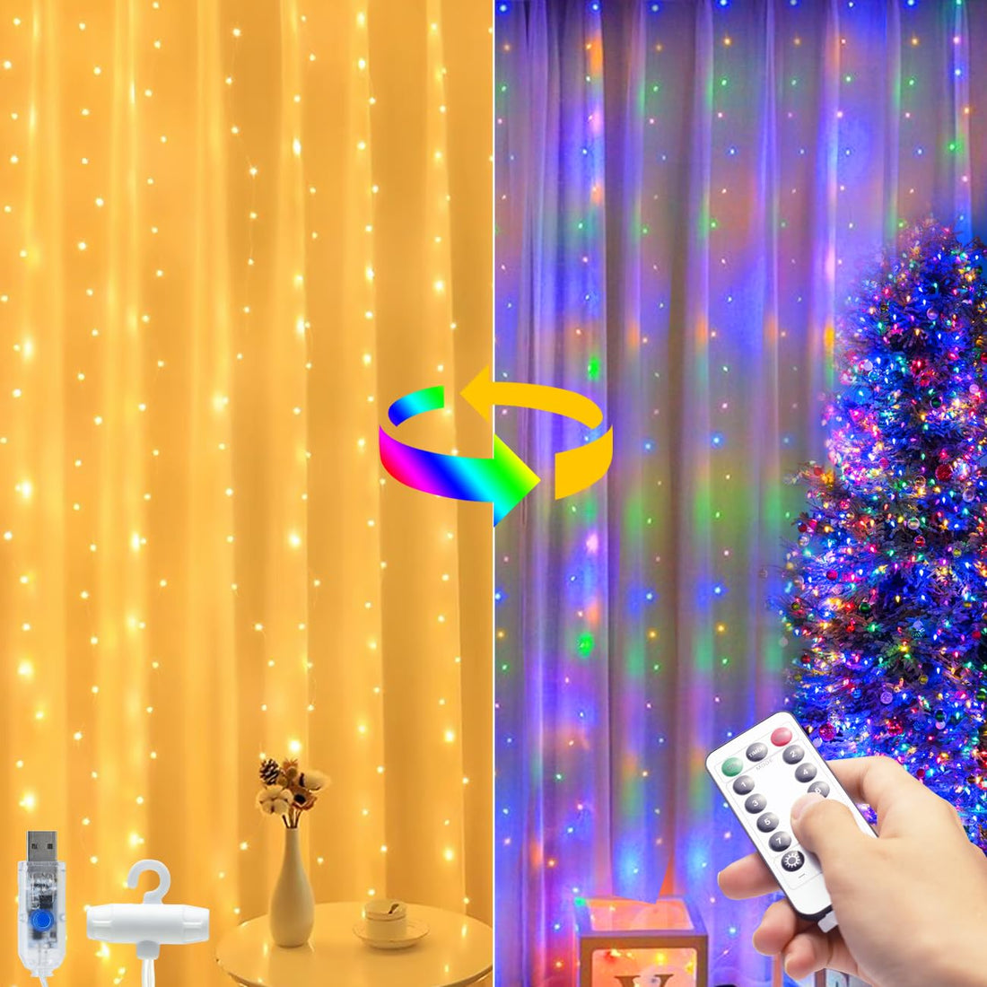 btfarm 300 LED Curtain Lights Color Changing, 3m x 3m Fairy Lights Indoor, 8 Mode Remote Timer Waterfall String Light USB Plug in, Hanging Wall Twinkle Light for Christmas Bedroom Outdoor Wedding