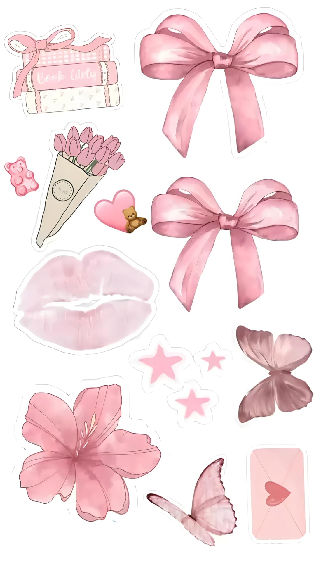 Pink Aesthetic Vinyl Stickers Set, 12 Pieces, Waterproof Decals with Bows and Flowers for Laptops and Notebooks