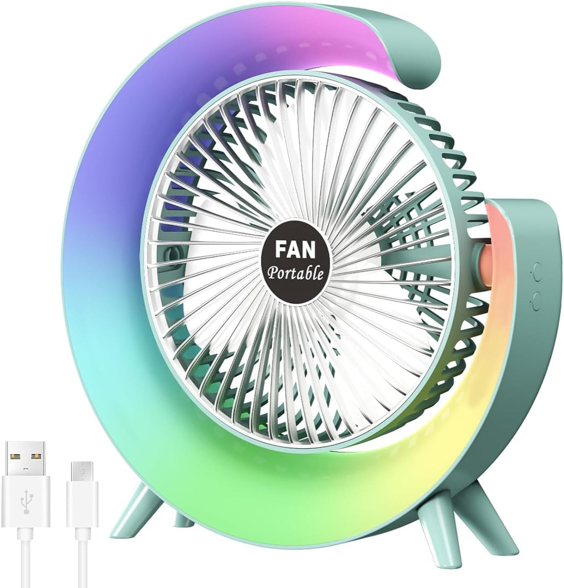 Dwiza Enterprise USB Rechargeable Personal Desk Fan with Colour Changing LED RGB Light, 180° Tilt 3 Speeds Portable Table Fan, Super Strong Airflow & Quiet Operation (5 Inches)