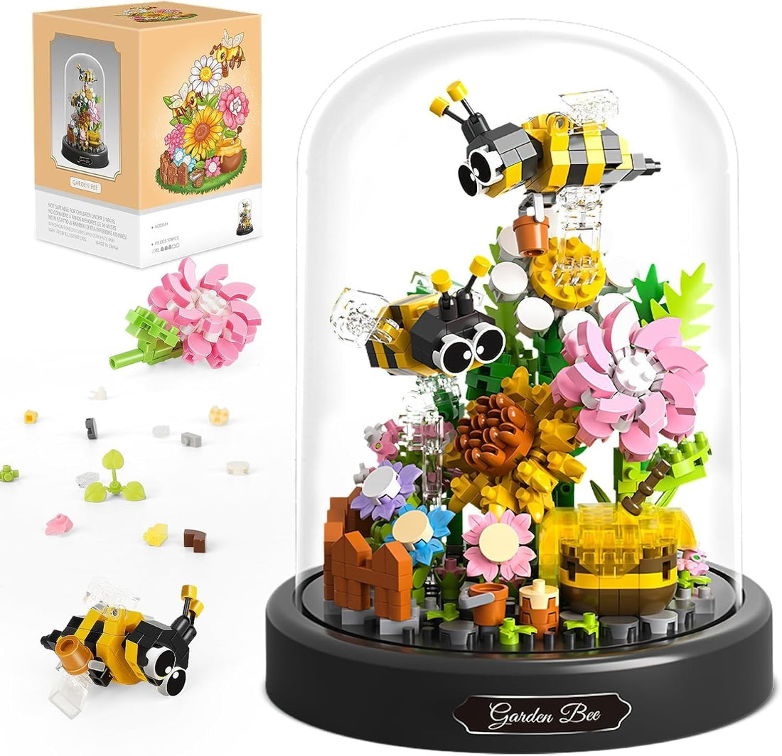 TOYS LAND Bee Flower Bouquet Building Toy Set, 588 pcs Micro Mini Botanical Building Blocks Kit with Dust Cover, Birthday Gifts for Adults and Kids Age 6+ Years