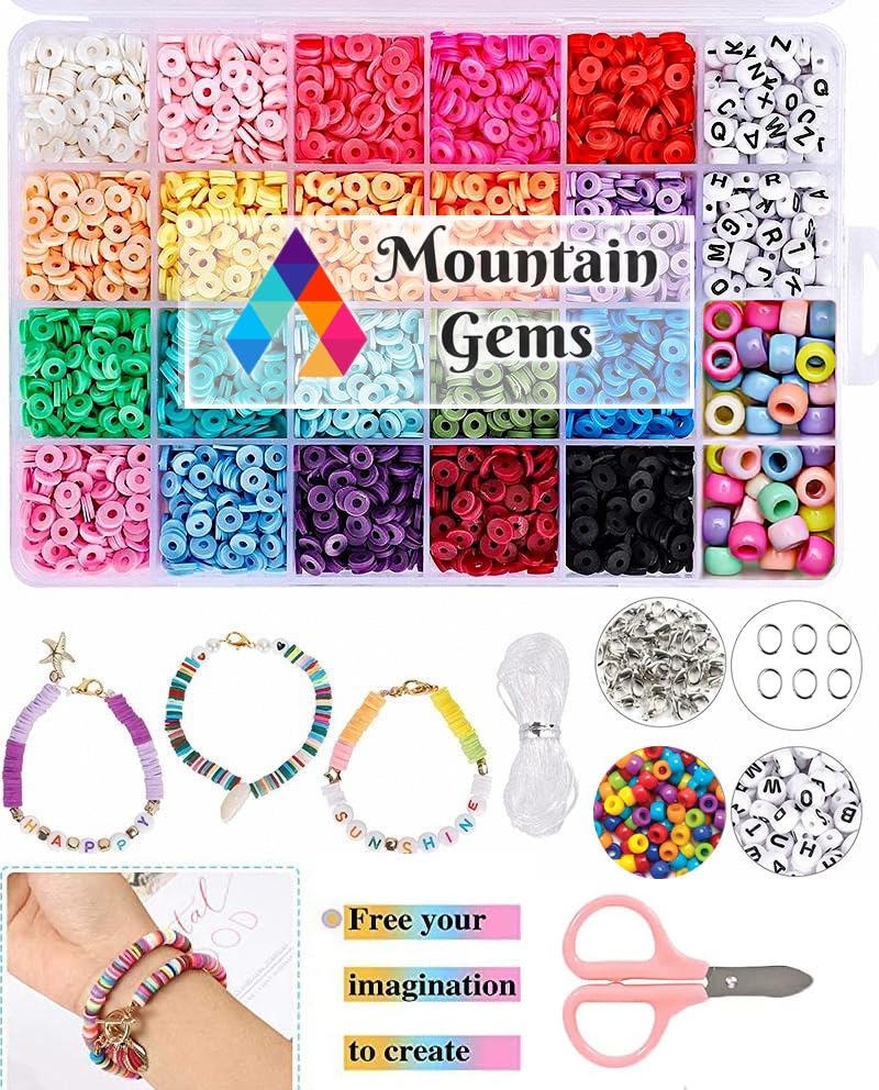 Mountain Gems Luxury Vinyl Clay Bead Kit for Jewelry Making, Abundant Supply in Clear Plastic Box with Individual Bags