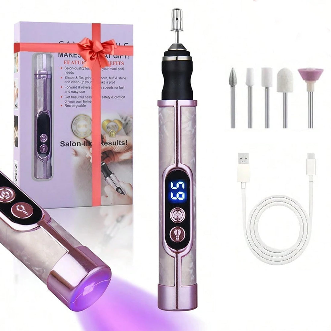 3 in 1 Electric Nail Drill Machine, USB C Rechargeable Nail File, LCD Display, UV Light, Adjustable Speeds, Multicolor - 1 Piece