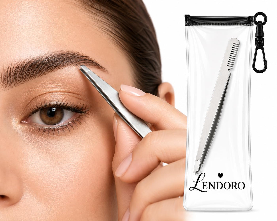 LENDORO 2-in-1 Eyebrow Tweezers with Built-In Comb, Precision Slant Tip, Premium Stainless Steel, Daily Grooming (Silver)