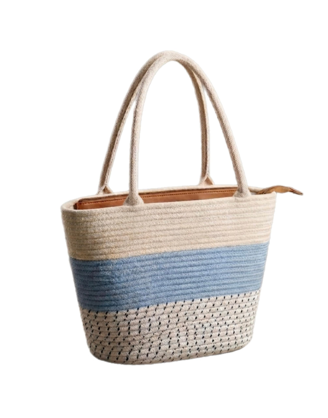 Beach Tote Bag, Striped, Natural Cotton and Jute, Zip Closure, Summer Shoulder Bag