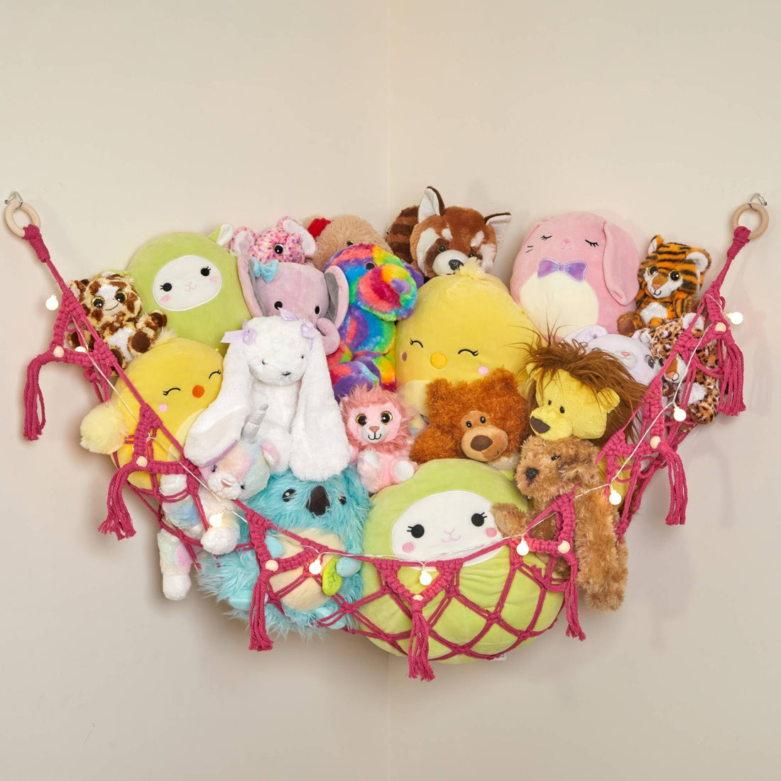 Lilly's Love Stuffed Animal Storage Macrame Hammock w/Lights | Boho Style Rope Netting | Organize The Plushie Chaos (Pink)