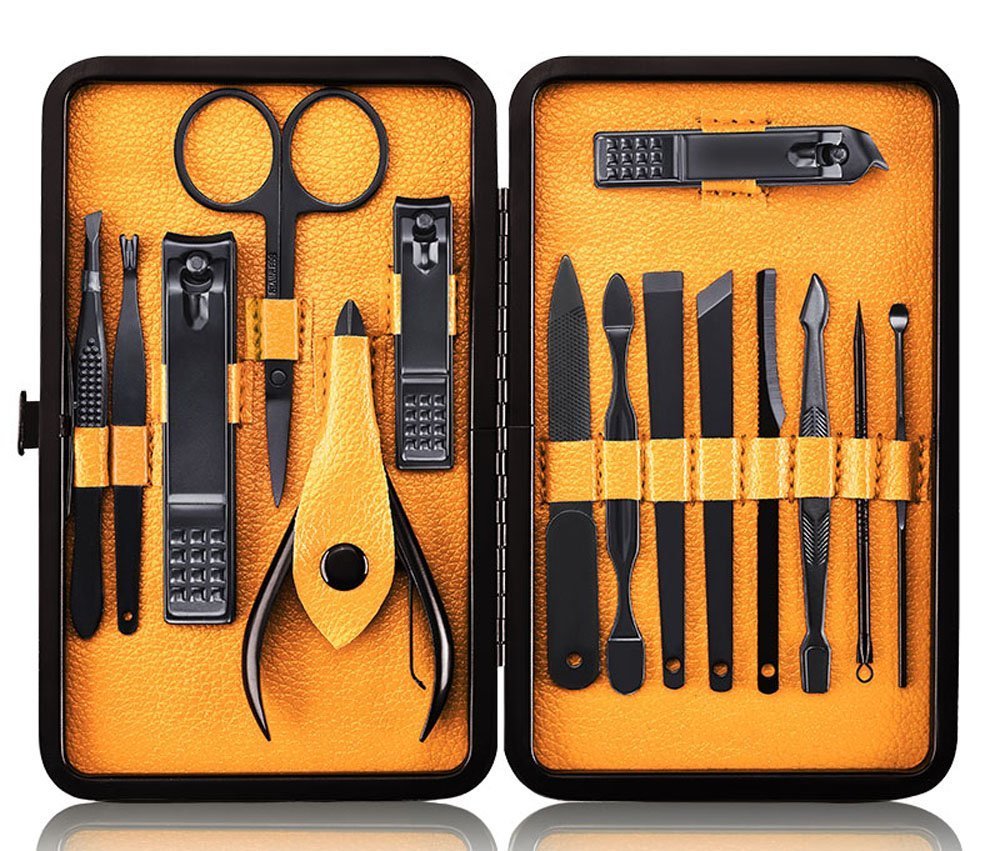 Professional Nail Clipper Set - 15pcs Stainless Steel Manicure Pedicure Kit with Case (Black/Yellow)