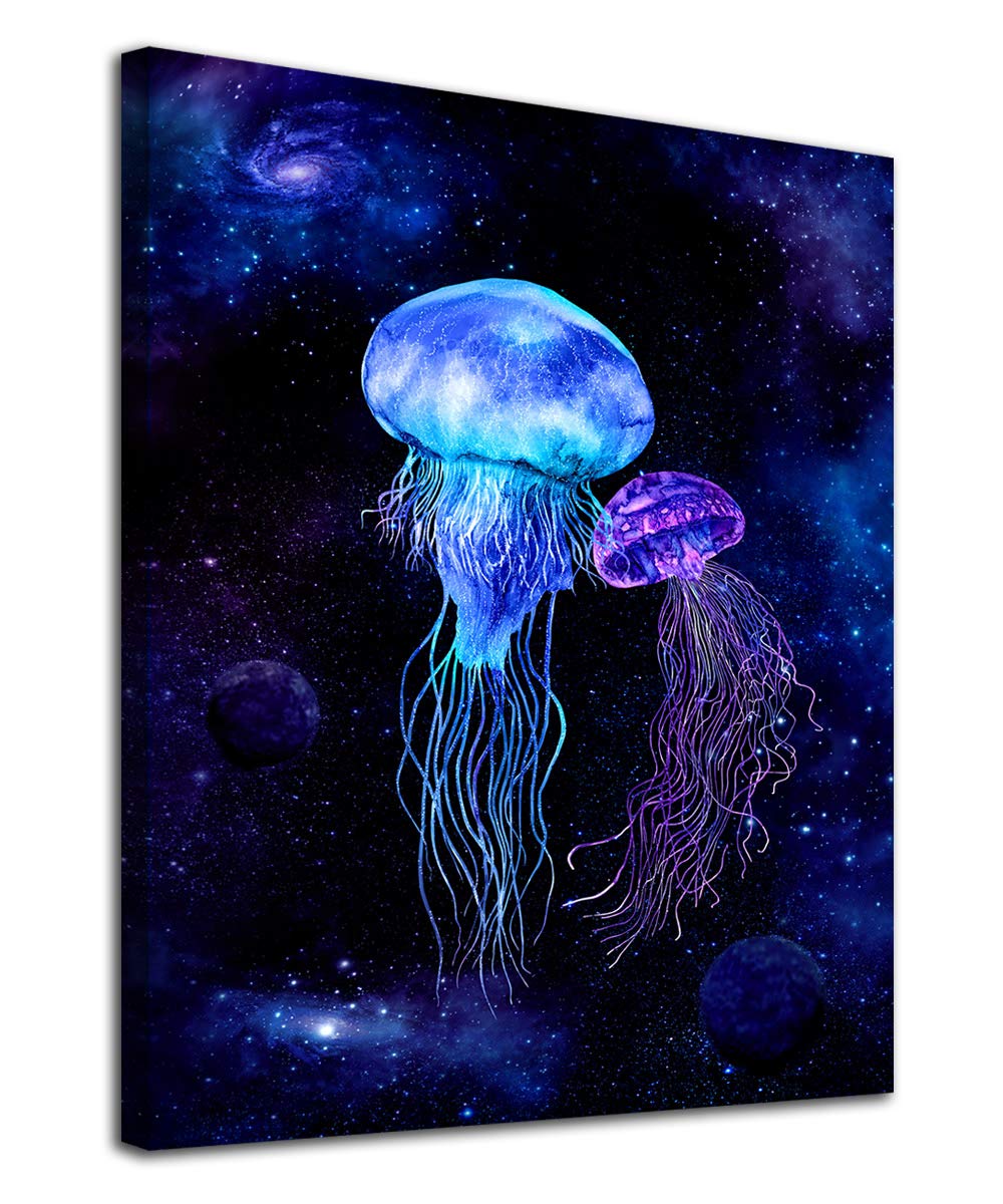 tigeridge Jellyfish Wall Art Galaxy Canvas Picture Blue Fantastic Cosmic Canvas Artwork Contemporary Art Prints Framed for Home Office Kitchen Bathroom Bedroom Nursery Living Room Decor 12" x 16"