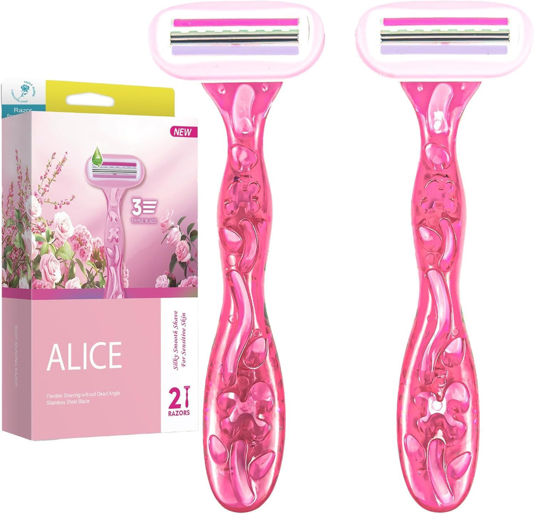 Alice Razor for Women – Set of 2 Body Shavers – Triple Stainless Blades, Flexible Head – Light Pink – For Sensitive Skin