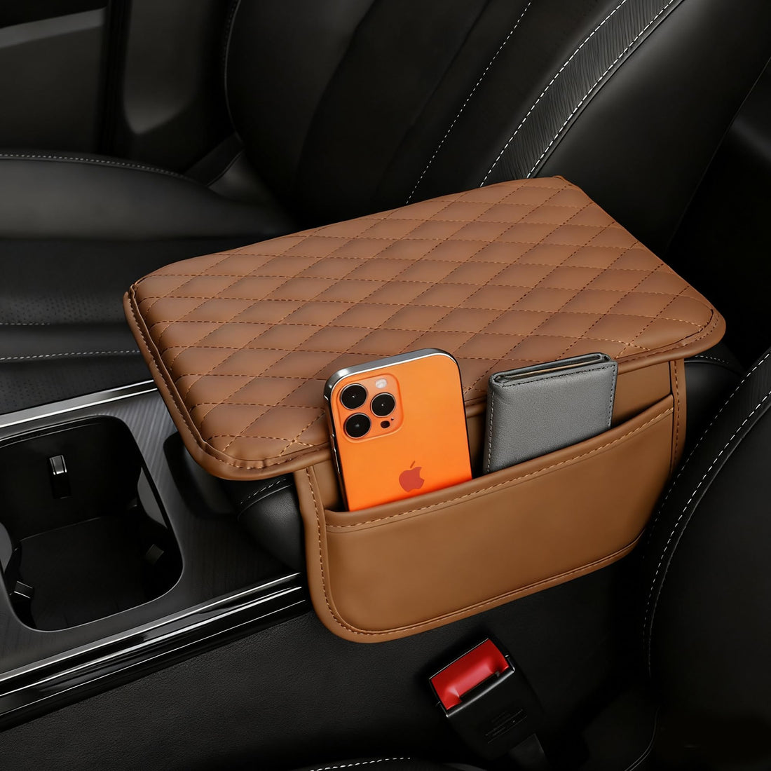 Car Center Console Cove, Leather Armrest Cover Cushion, 2 Storage Bags, Armrest Seat Box Pad, Car Interior Accessories Protector for Most Vehicle (Light Brown)