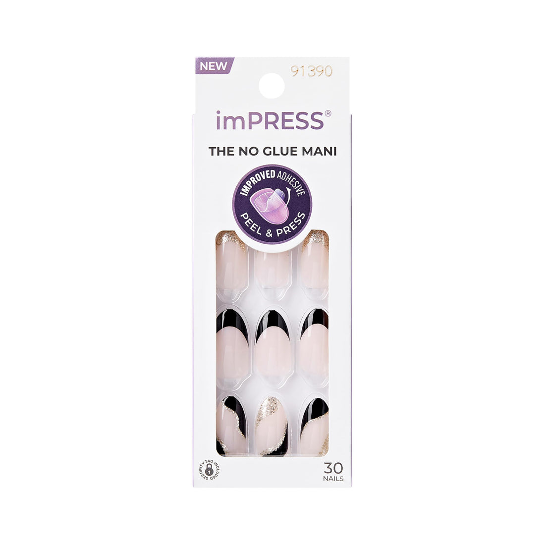 KISS imPRESS No Glue Mani Press-On Nail French 'Illusion' Dark Neutral + Black Tip French Medium Size, Almond Shape, with 30 Nails Prep Pad, Instruction Sheet, 1 Manicure Stick, 1 Mini File