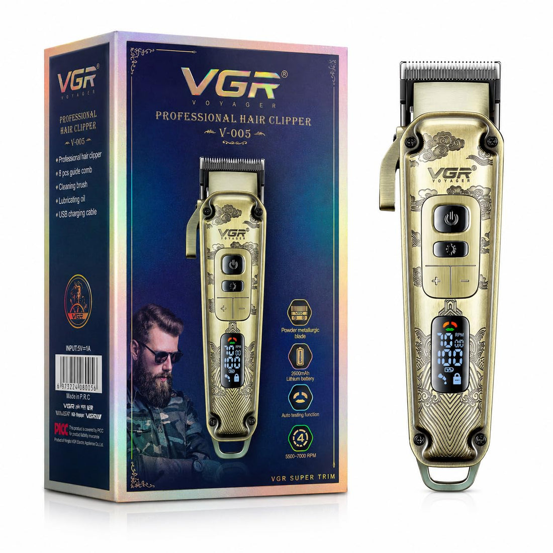 VGR Premium Metal Housing Hair Clipper LED Display, powder metallurgic Blade 5500-7000 RPM 4 Speed motor auto testing button USB charging 4 adjustable Taper Lever 8 Guide combs Runtime 250 min, V-005