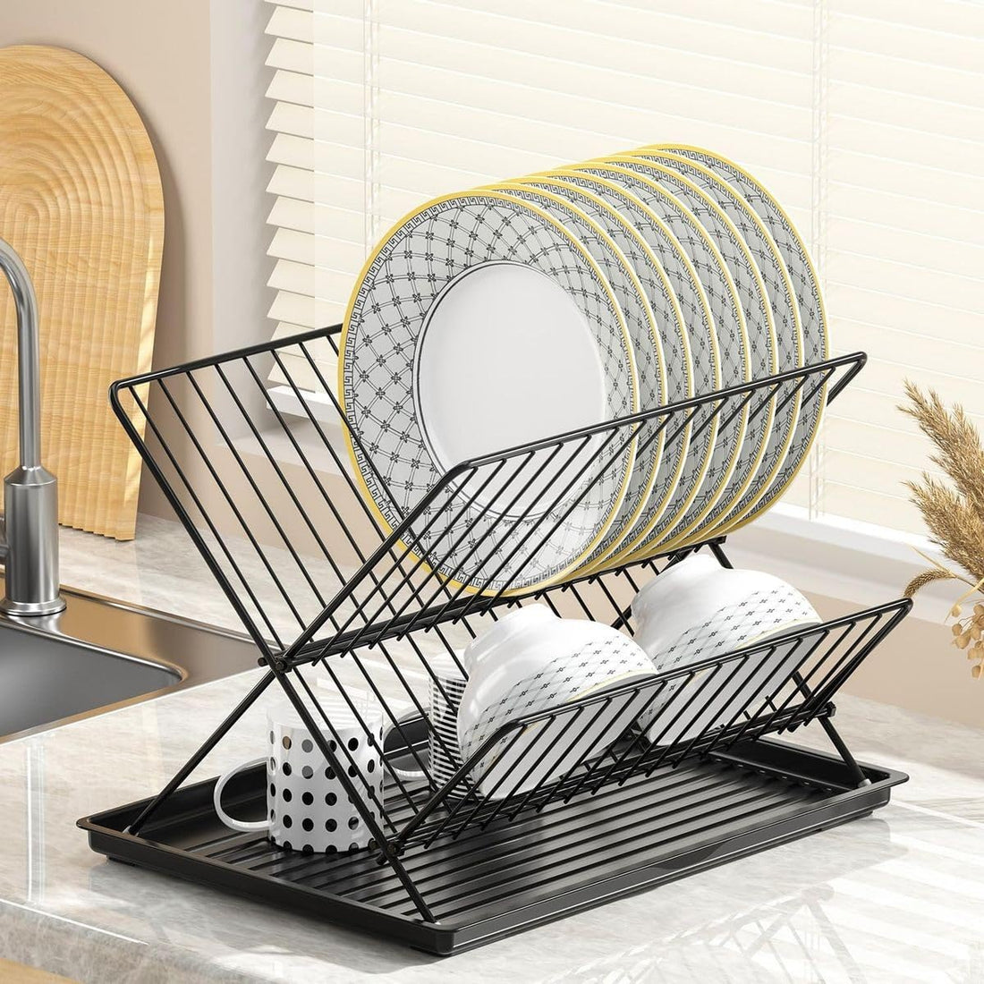 Multipurpose Dish Rack with Foldable Metal Dish Drainer - Easy Clean Dish Drainer and Organizer Resists Stains and Odors - Space Saving Kitchen Countertop Storage for Home