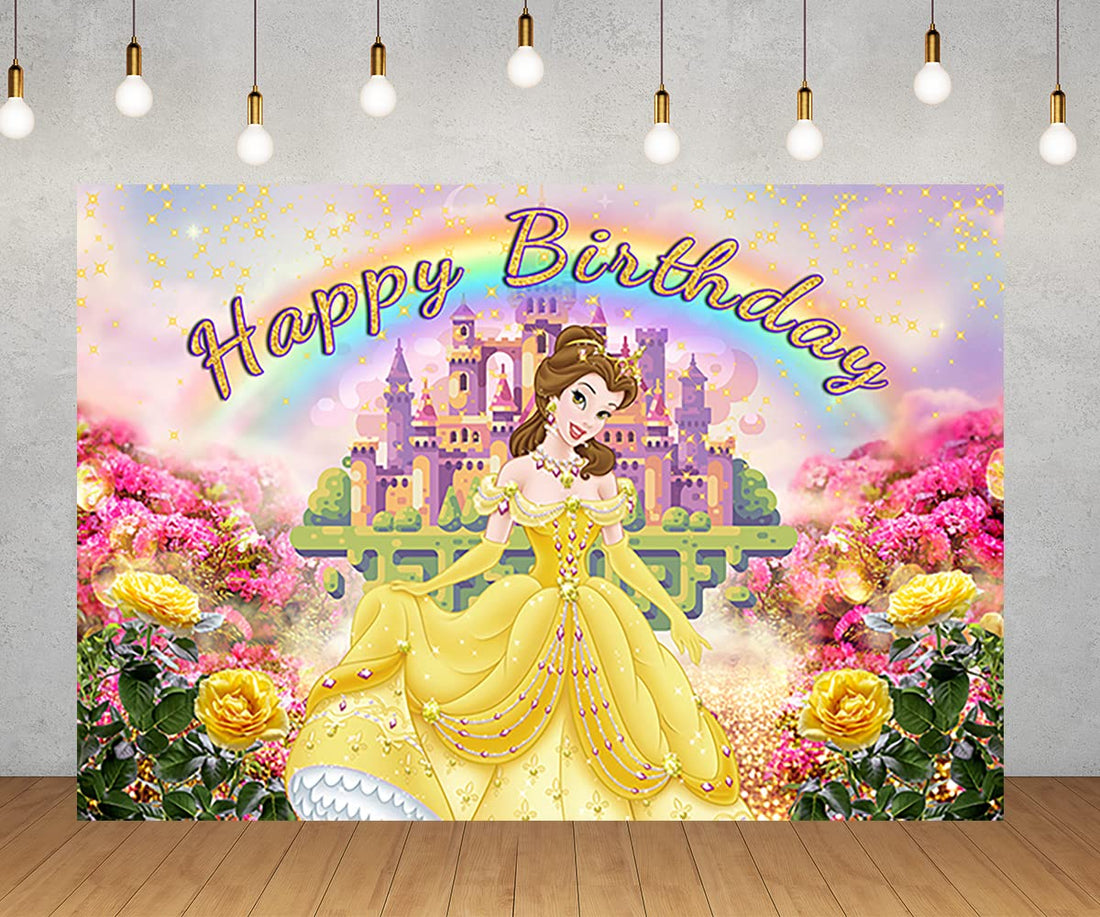 Princess Belle Backdrop for Birthday Party Decorations Yellow Beauty and The Beast Banner for Baby Shower Party Supplies 5x3ft