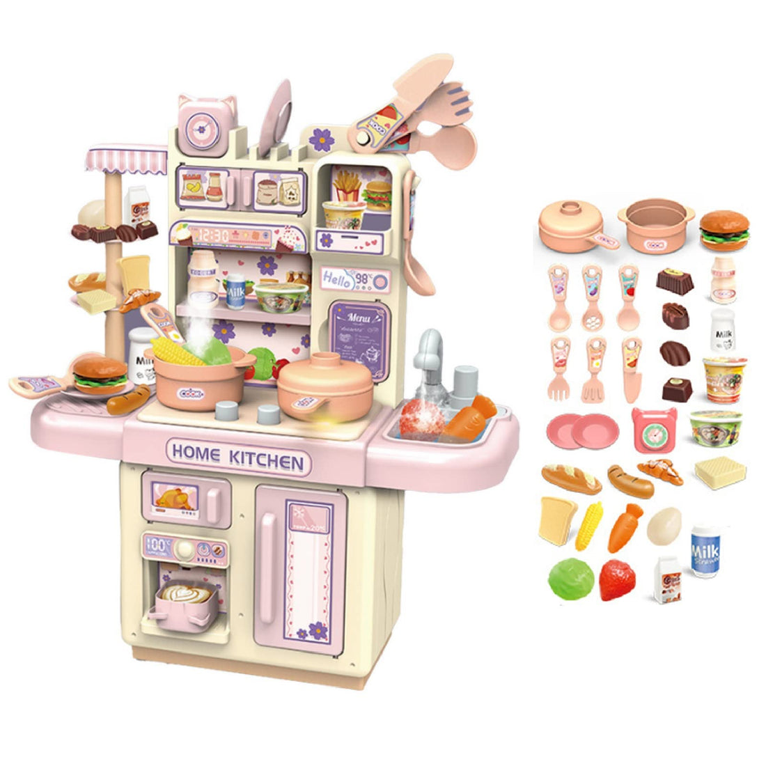 Kids Kitchen Toy Set, Toy Kitchen Playset with Pressure Pot Pan Kitchen Utensil Holder Knife Block Toy Kitchen Knives Cutlery Vegetables Accessories Play Food