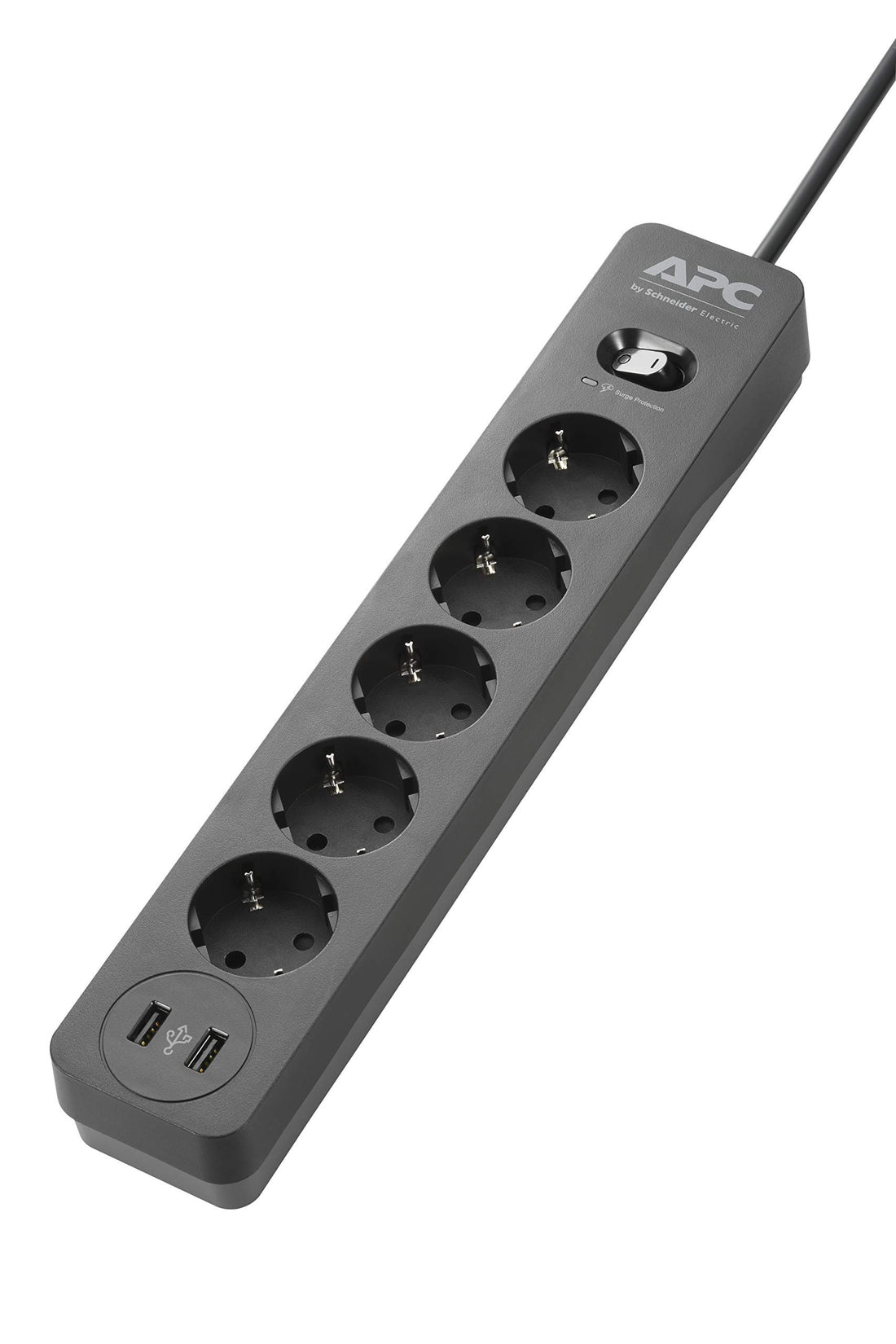 APC by Schneider Electric PME5U2B-GR Essential SurgeArrest Charger with 5 Outlets and 2 USB Ports, 230 Volt - Black